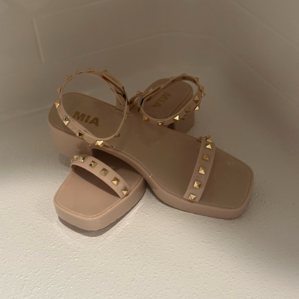 MIA Beige Ankle-Strap Studded Block Sandals